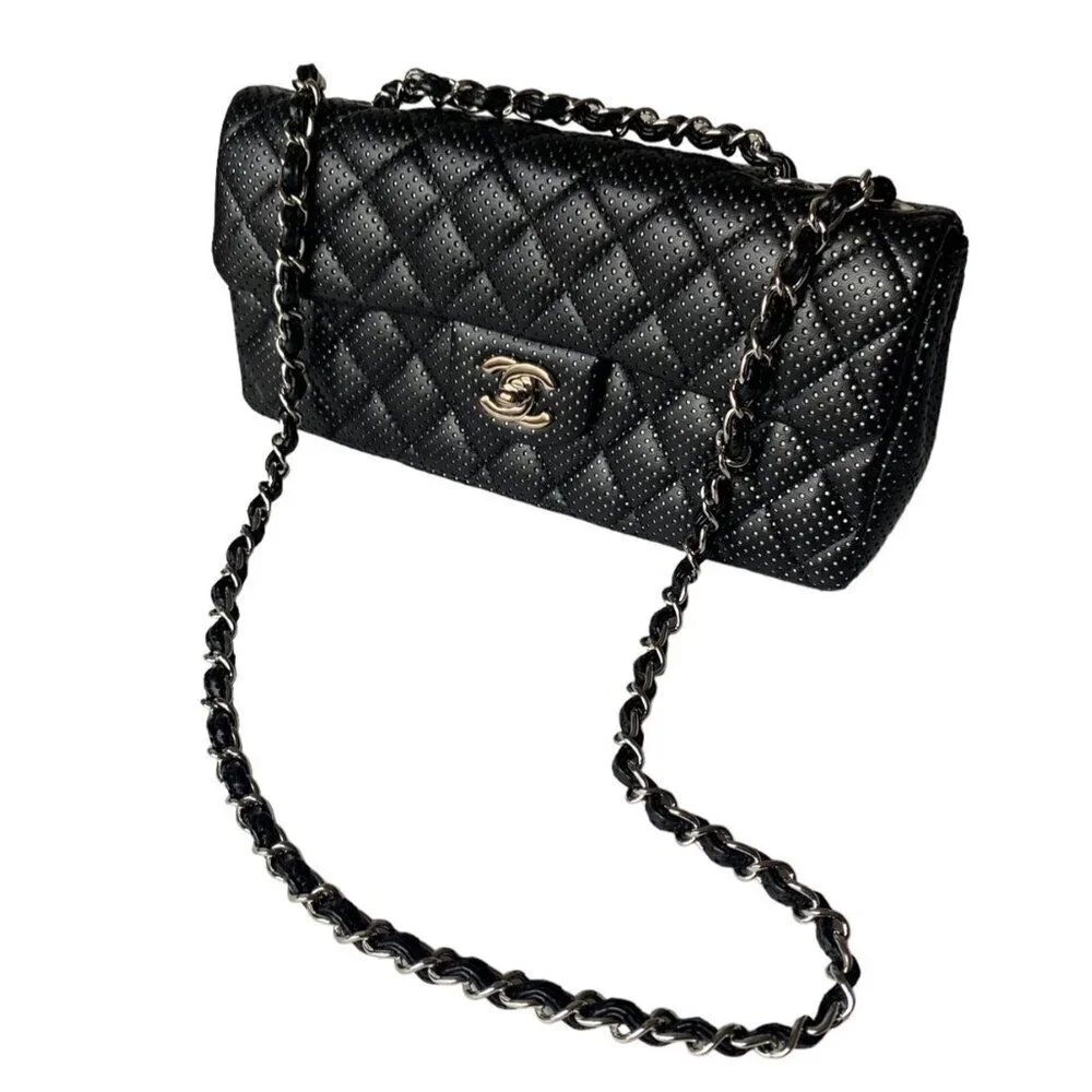 Chanel East West Classic Shoulder Flap Bag Quilted Black Perforated Leather - Picture 3 of 16